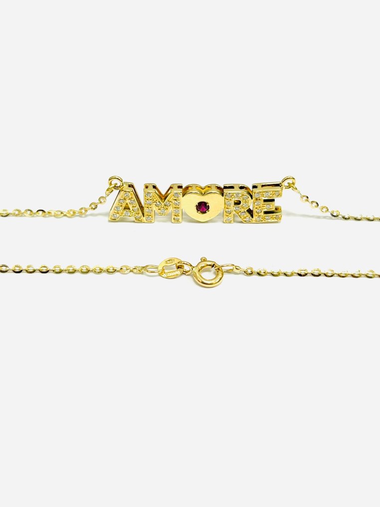 Necklace with pendant - 18 kt. Yellow gold -  0.48 tw. Diamond  (Natural) - Ruby  #2.2