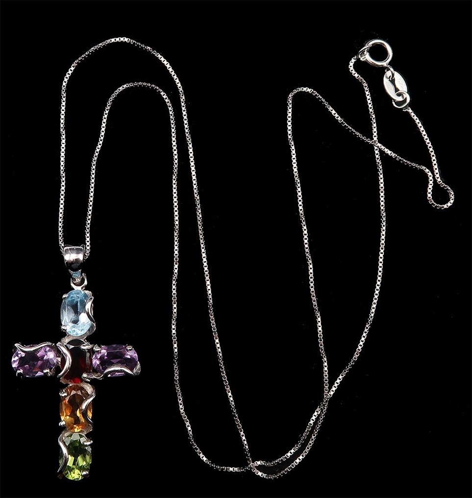Topazio - Argento, Croce con 5 Gemme Sacre: Armonia Totale & Protezione Luminescente - Ametista, citrino, peridoto - Collana #1.0