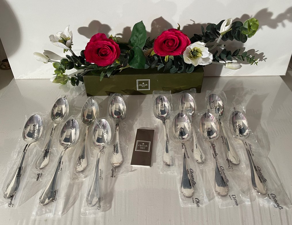 Christofle - Spoon - Set of 12 Pompadour model tablespoons in blister packaging. - Silver metal #1.0
