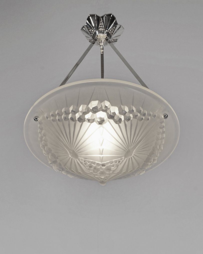 Charles Schneider & André Neut - French pendant light - Πολυέλαιος - aux Libellules - νικελωμένος μπρούτζος, Γυαλί #3.2