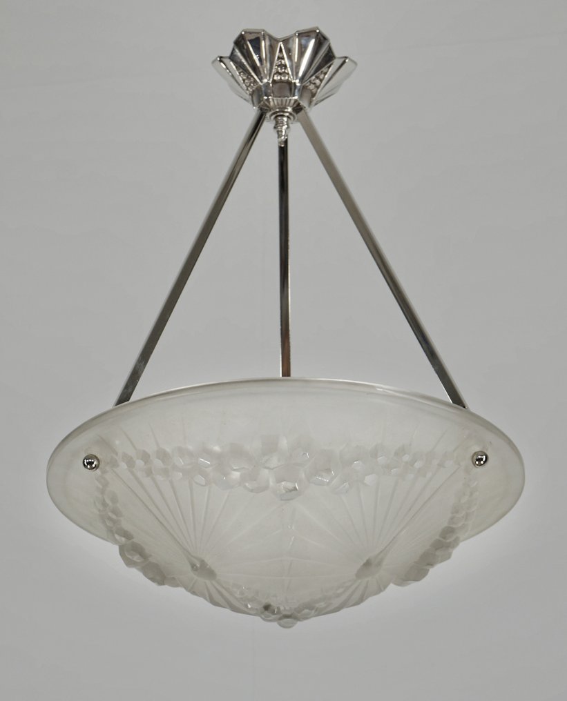 Charles Schneider & André Neut - French pendant light - Πολυέλαιος - aux Libellules - νικελωμένος μπρούτζος, Γυαλί #2.1