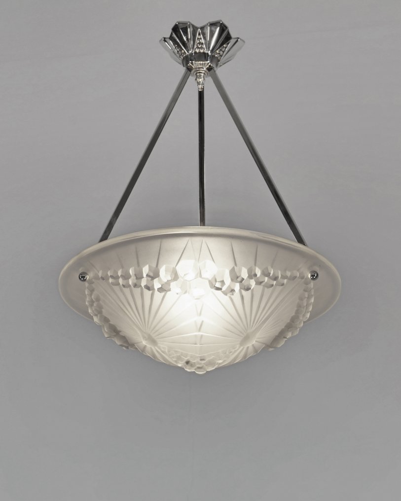 Charles Schneider & André Neut - French pendant light - Πολυέλαιος - aux Libellules - νικελωμένος μπρούτζος, Γυαλί #1.0