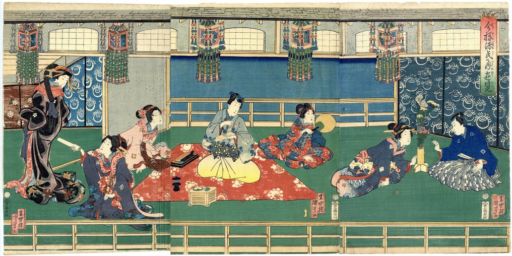 原创木版画三联画 - 纸 - Utagawa Kunisada II (1823-1880) - "Imayō Genji tsuki yūran" 今様源氏月遊覧 (Modern Genji Viewing The Moon) - 日本 - 1861年（文久元年） #1.1