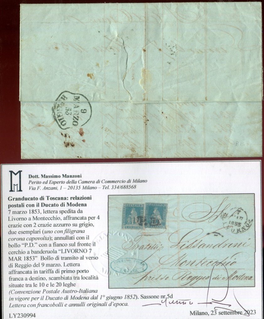 Anciens états italiens - Toscane 1851 - Lettre de Livourne à Montecchio Estense (destination non courante). - Sassone 5d #2.1