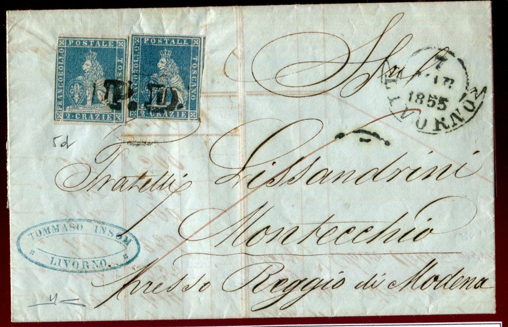 Anciens états italiens - Toscane 1851 - Lettre de Livourne à Montecchio Estense (destination non courante). - Sassone 5d #1.0