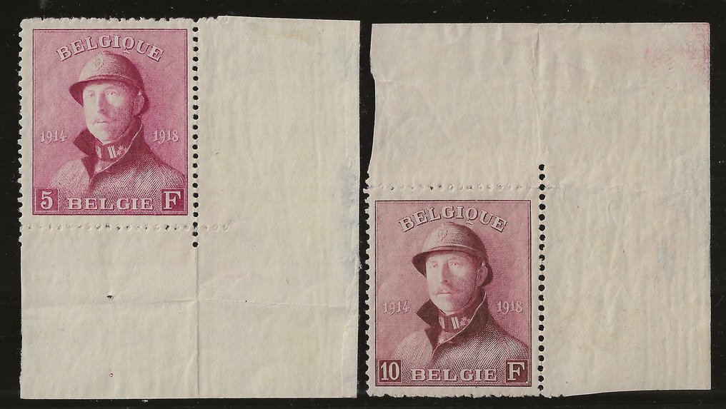Belgia 1919 - Albert I cu cască - 5F și 10F - cu unghiul lamei și centre bune - OBP/COB 177/78 #2.1