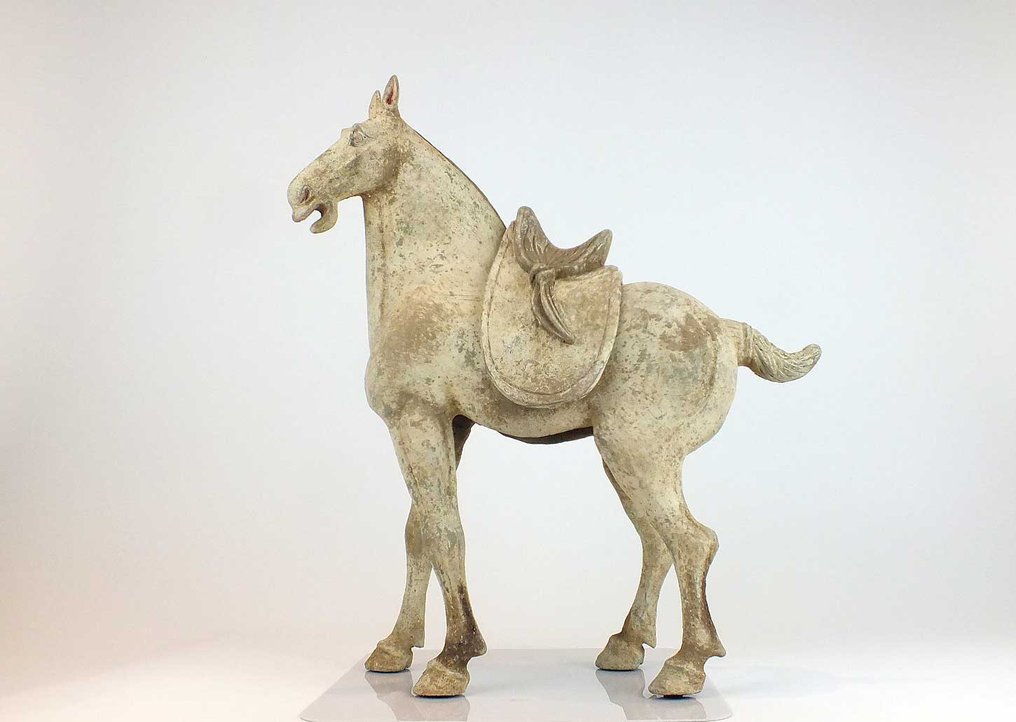 Terracotta, Early Tang Dynasty Painted Grey Pottery Figure of Striding Horse with Separate Saddle, with TL test Architectural ornament - 49 cm #1.1
