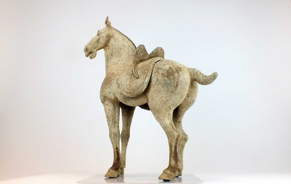 Terracotta, Early Tang Dynasty Painted Grey Pottery Figure of Striding Horse with Separate Saddle, with TL test Architectural ornament - 49 cm #2.1