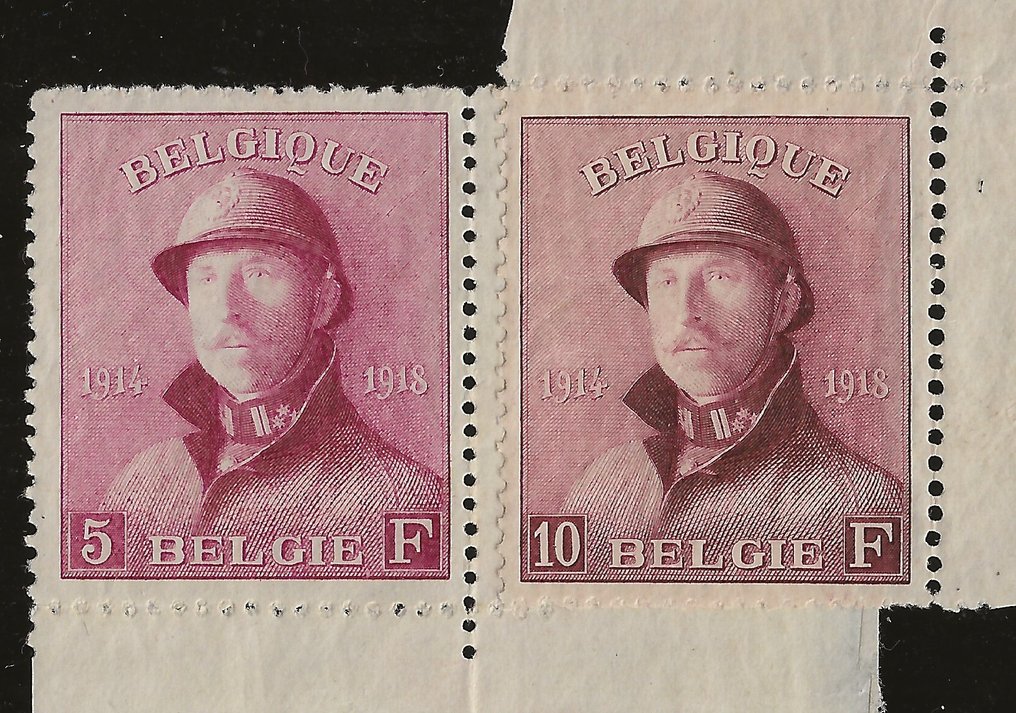 Belgia 1919 - Albert I cu cască - 5F și 10F - cu unghiul lamei și centre bune - OBP/COB 177/78 #1.1
