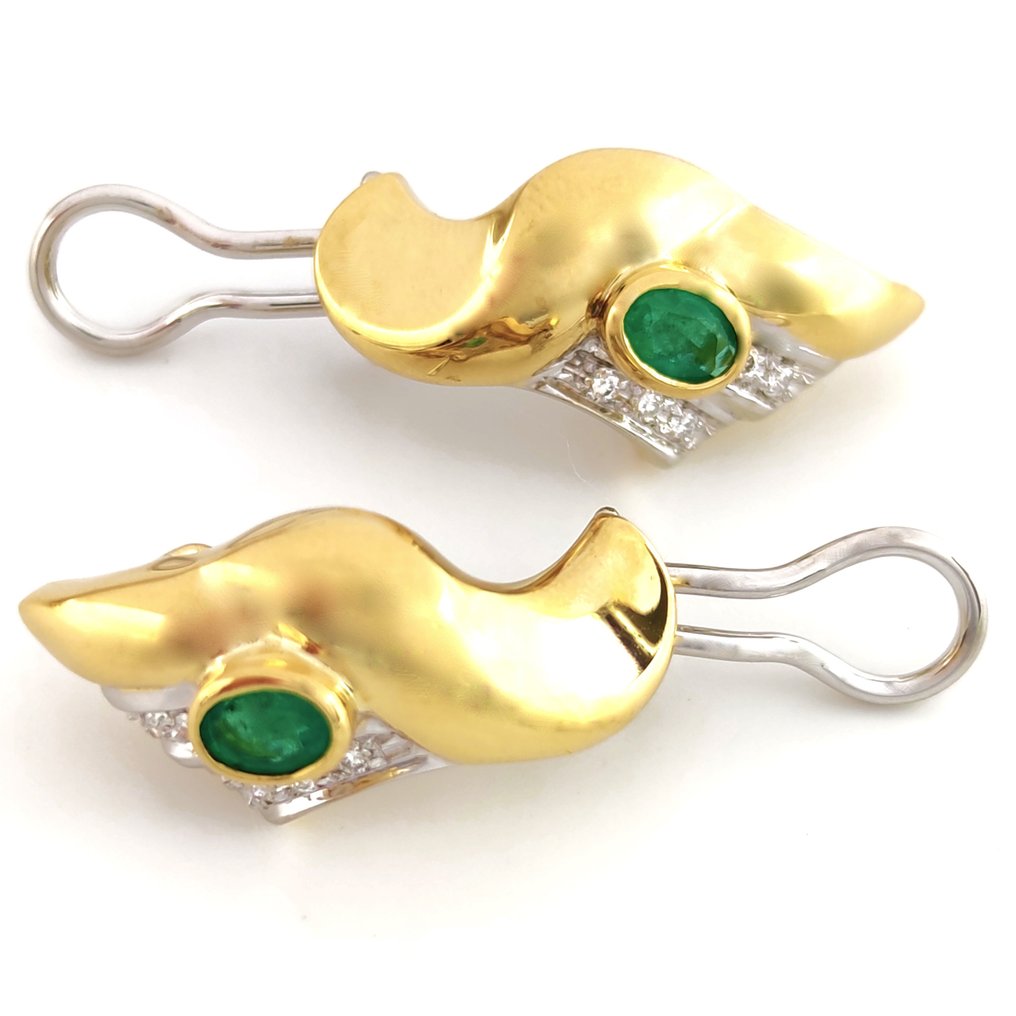 Earrings - 18 kt. White gold, Yellow gold -  0.20ct. tw. Diamond - Emerald #2.1
