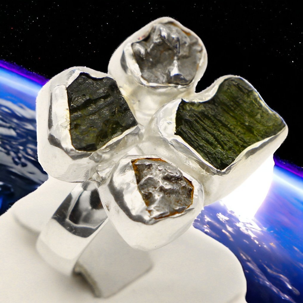 Inel de Meteoriți - Câmp Ceresc Și Moldavit - Înălțime: 27.5 mm - Lățime: 25.5 mm - 15 g #1.2