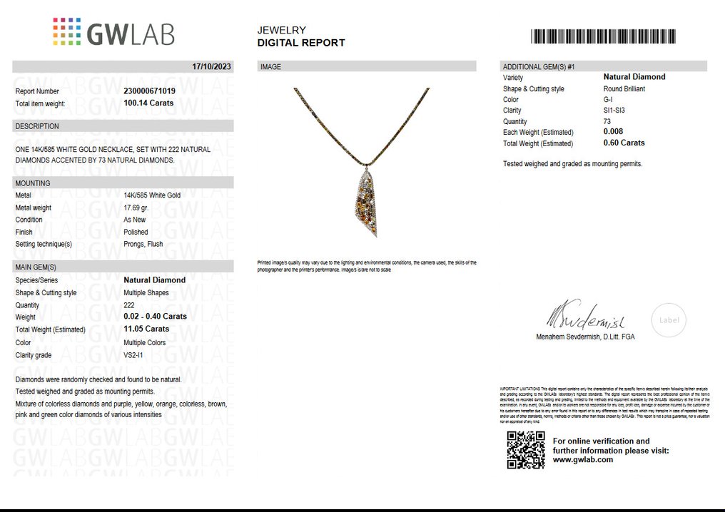 Halskjede med anheng - 14 karat Hvitt gull -  11.65ct. tw. Diamant  (Naturfarget) #2.1