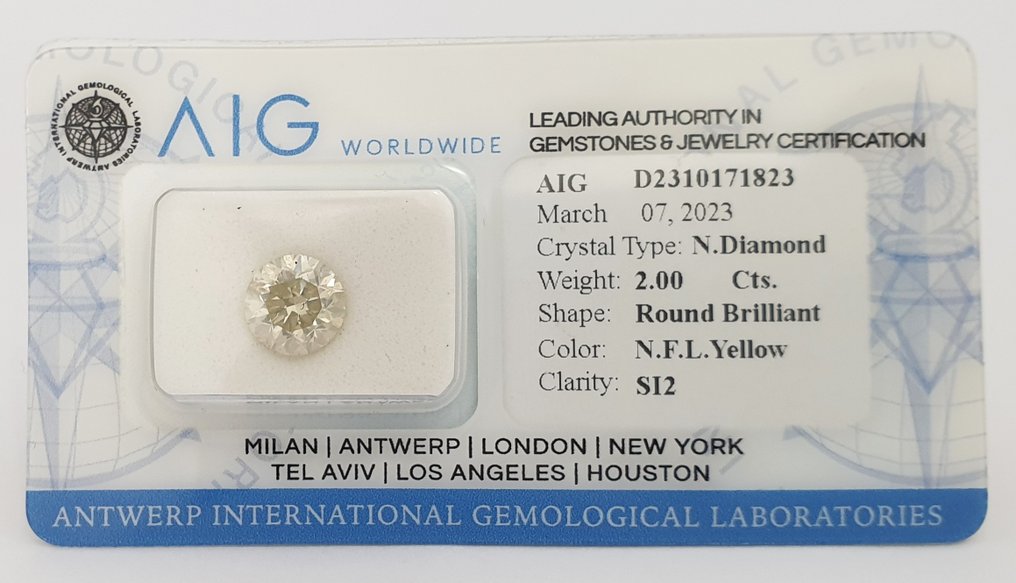 1 pcs Diamant  (Couleur naturelle)  - 2.00 ct - Fancy light Jaune - SI2 - Antwerp International Gemological Laboratories (AIG Israël) #1.1