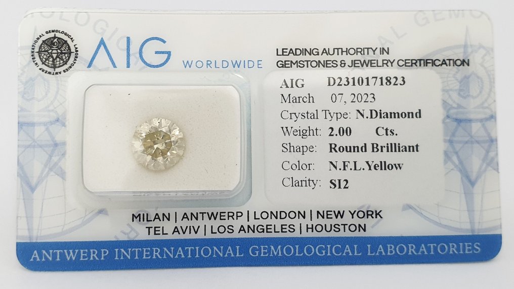 1 pcs Diamant  (Couleur naturelle)  - 2.00 ct - Fancy light Jaune - SI2 - Antwerp International Gemological Laboratories (AIG Israël) #3.2