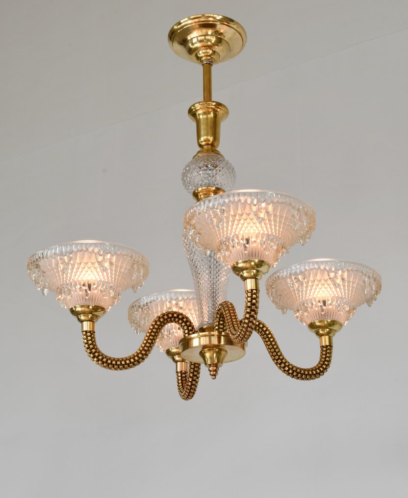 Boris Lacroix French art deco chandelier - Lysekrone - forgylt massiv messing og bronse, Glass #1.0
