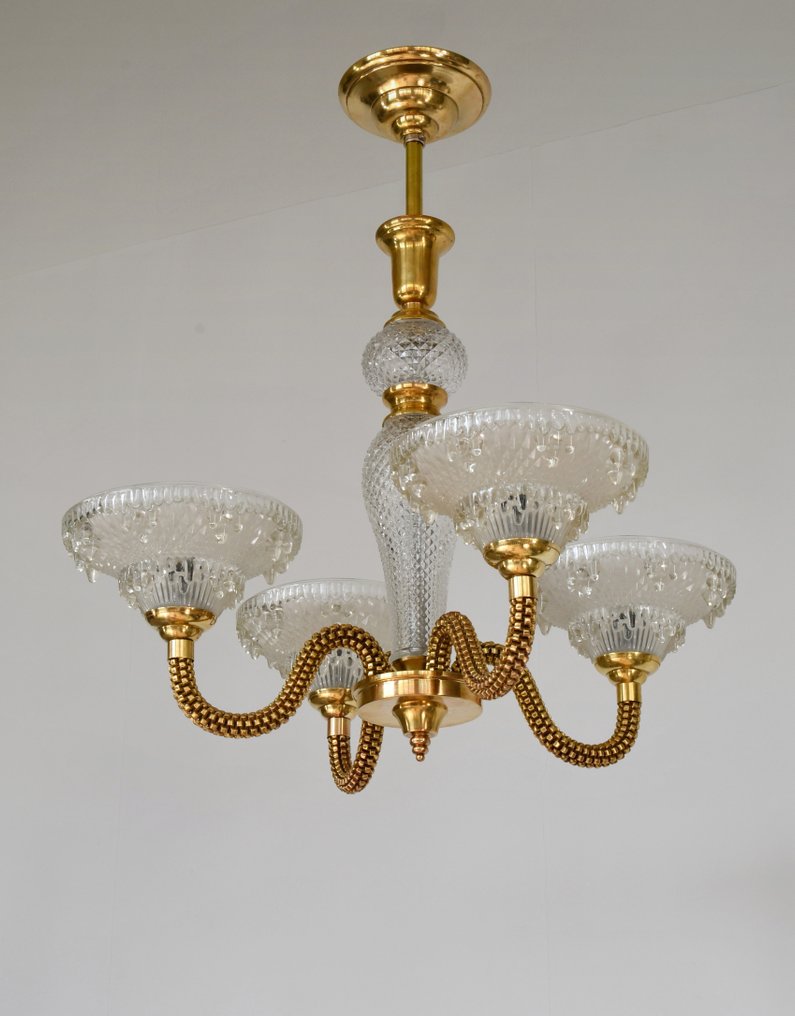 Boris Lacroix French art deco chandelier - Lysekrone - forgylt massiv messing og bronse, Glass #3.2