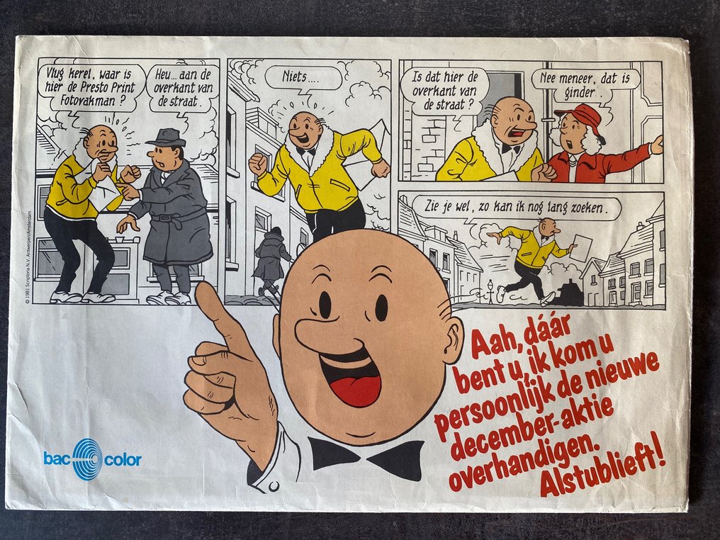 Suske en Wiske - originele omslagtekening! - Promotiemap Presto Print Bac Color - Aah, daar bent u... - 2 物品(原始封面 + 地图) - 1981 #1.0