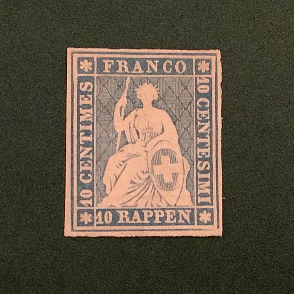 瑞士 1854 - 10 颗萝卜咀嚼版第三期普鲁士蓝色带照片证书 - Michel 14Ib / Zumstein 23A #2.1