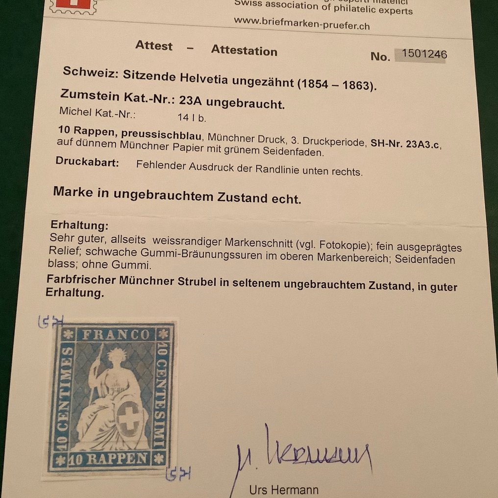 瑞士 1854 - 10 颗萝卜咀嚼版第三期普鲁士蓝色带照片证书 - Michel 14Ib / Zumstein 23A #1.1