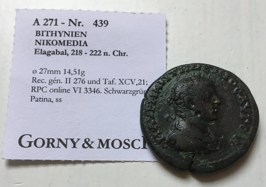 Imperiul Roman (Provincial). Elagabalus (AD 218-222). 27mm provincial coin Bythinia, Nicomedia mint - Demeter sitting on throne - Ex Gorny & Mosch with auction ticket - #1.1