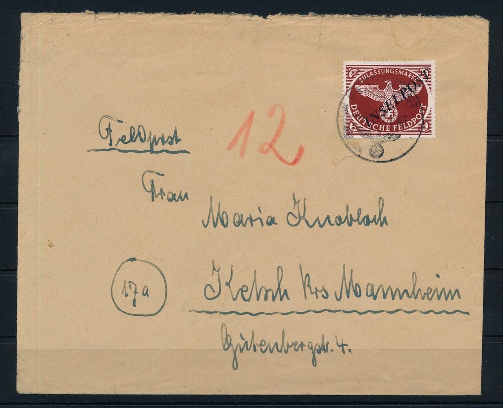 Island Post Kreta 1945 - SJELDEN - Agramer-avtrykk, plate I/sort-blå på brev, feltpostnr. 68032 - Michel Nr. 10Ad I/1 mit neuem Fotoattest Petry BPP aus Nachlass Jakob Herrmann #1.1