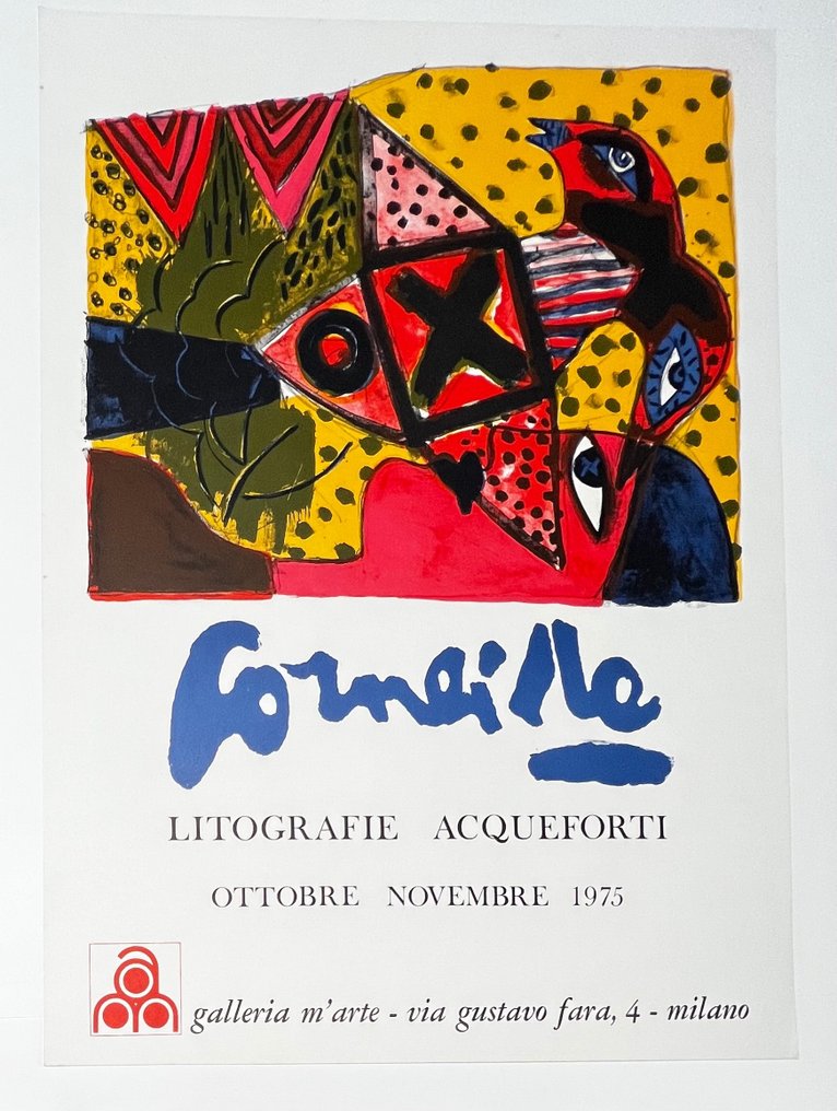 Guillaume Corneille (1922-2010) - Ancienne affiche lithographique de 1975 : "Corneille lithographie acqueforti" Milan #1.0