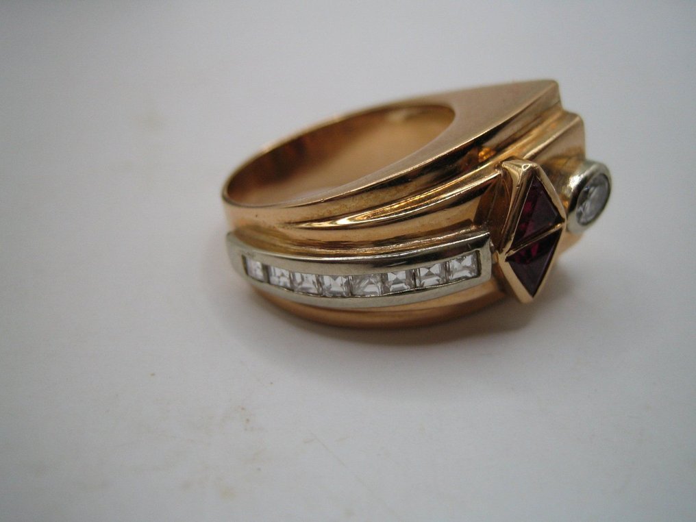 Anillo - 18 quilates Oro amarillo, Diamantes Art Déco de oro blanco hechos a mano. #3.1