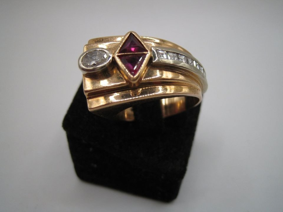 Ring - 18 karat Gull, Hvitt gull Art Deco diamanter håndlagde #2.1