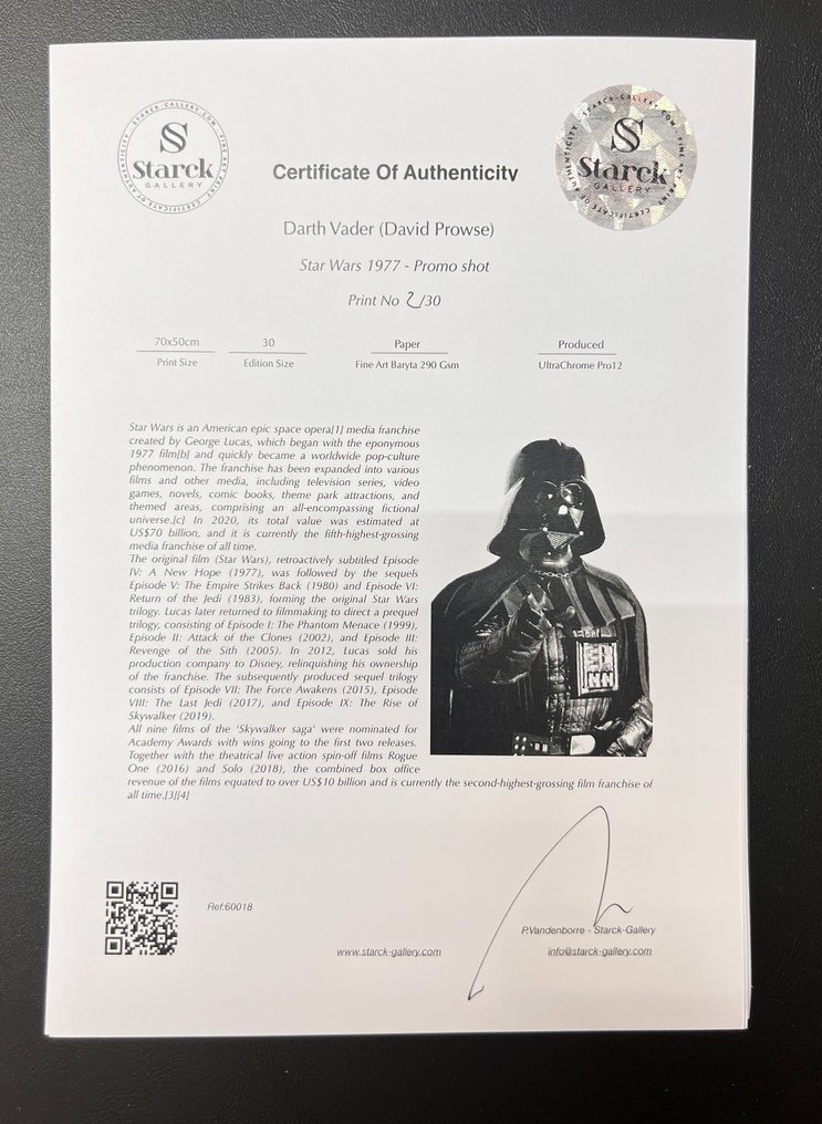 Star Wars 1977 - Promo shot - Darth Vader (David Prowse) - Fine Art Photography - Luxury Wooden Framed 70X50 cm - Limited Edition Nr 05 of 30 - Serial ID 60018 - Original Certificate (COA), Hologram - 100% New. Shipping Reduction from 3 items #1.0