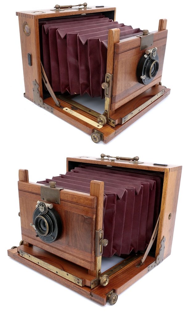 Hermagis ReiseKamera field camera red leather double bellows 13x18cm Walnut Wood E. Krauss 136mm f8 Paris #2.1