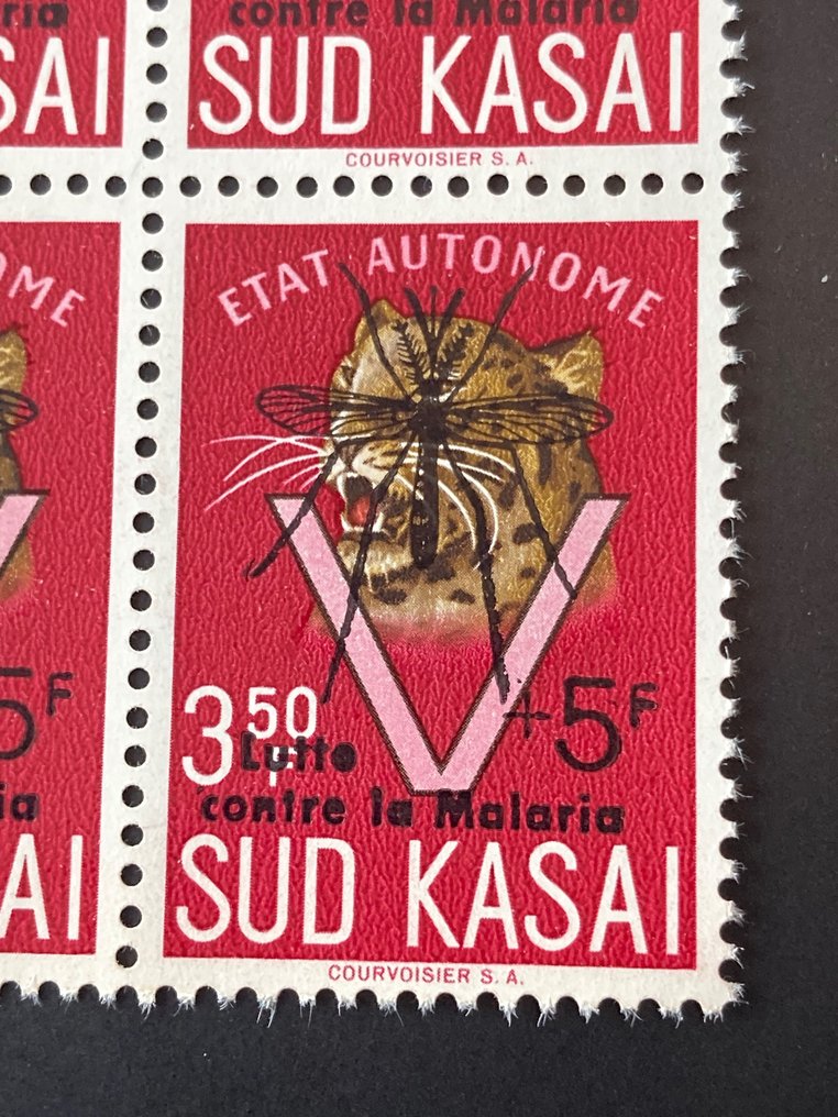 Νότιο Κασάι 1961 - Λεπτομέρεια λεοπάρδαλης με εκτύπωση 'Αντιμετώπιση της ελονοσίας'/'Για τους επαναπατριζόμενους' - OBP/COB 20B + 21B + 22B + 20C + 23C #3.2