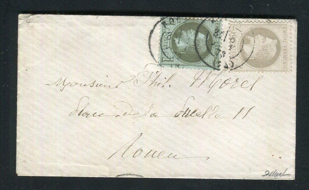 法国 1873 - 来自鲁昂的精美且罕见的当地信件，编号为 25 和 27 #1.1