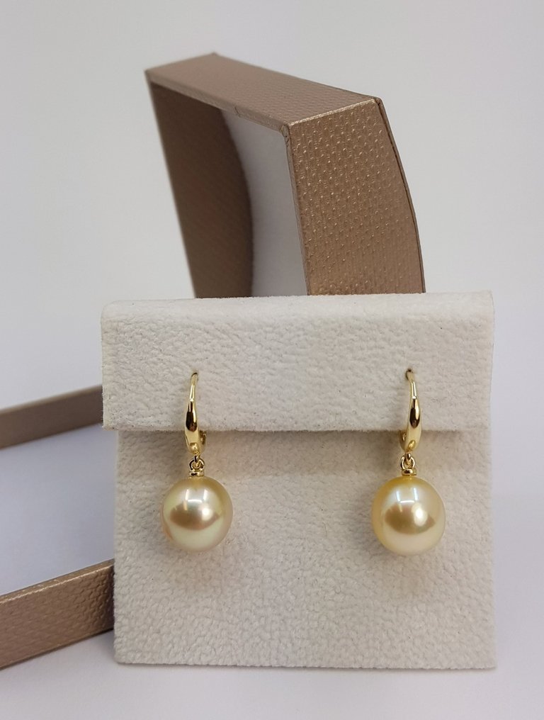 耳環 - 14 克拉 黃金 - 10x11毫米南海珍珠 #2.1