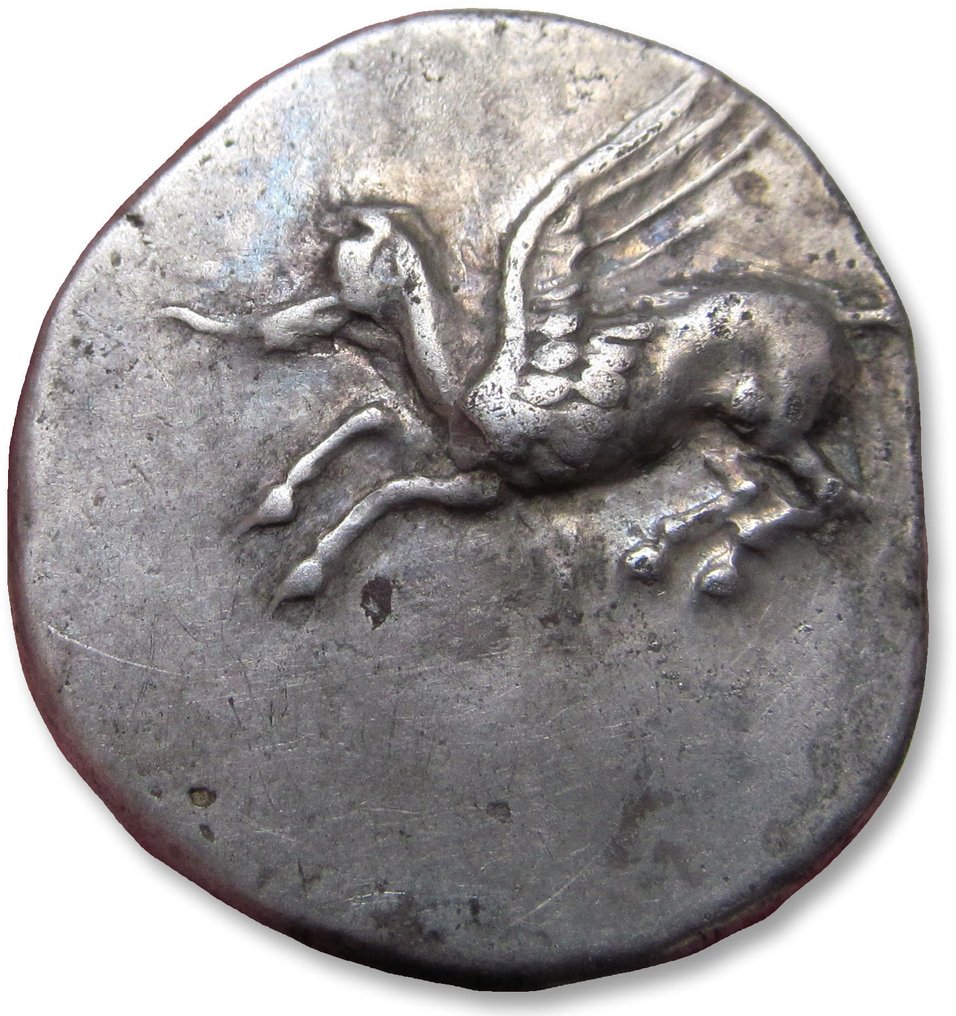 科林西亚， 科林斯. Stater circa 405-345 B.C. - dolphin & rooster picking ground symbol, scarcer variety - #1.2