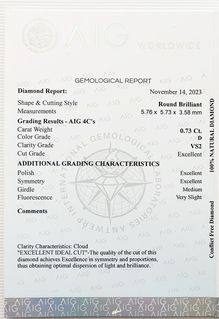1 pcs Diamante  (Natural)  - 0.73 ct - Redondo - D (incoloro) - VS2 - Antwerp International Gemological Laboratories (AIG Israel) #3.1