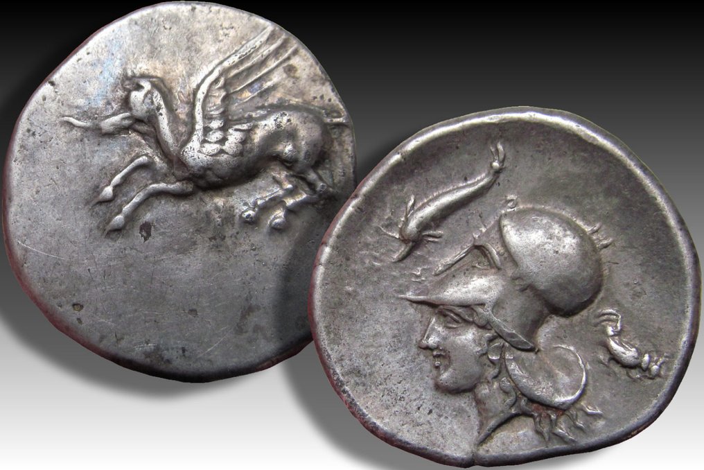 科林西亚， 科林斯. Stater circa 405-345 B.C. - dolphin & rooster picking ground symbol, scarcer variety - #2.1