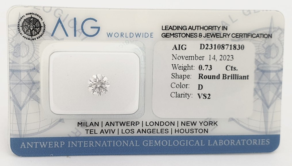 1 pcs Diamant  (Natur)  - 0.73 ct - Rund - D (farveløs) - VS2 - Antwerp International Gemological Laboratories (AIG Israel) #3.3