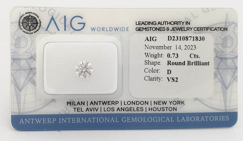 1 pcs Diamant  (Natur)  - 0.73 ct - Rund - D (farveløs) - VS2 - Antwerp International Gemological Laboratories (AIG Israel) #2.2