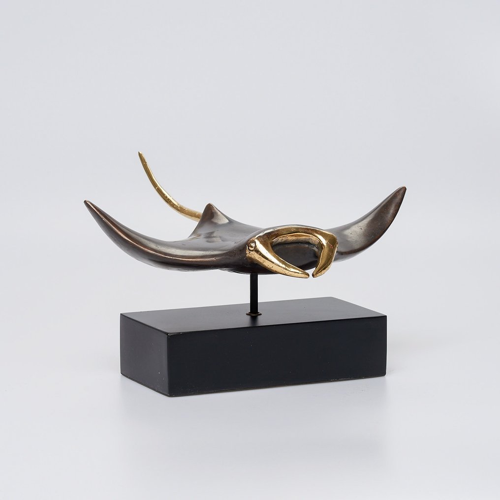 Skulptur, NO RESERVE PRICE - Bronze Manta Ray Sculpture with Polished Accents on Base - 16 cm - Bronze #1.2