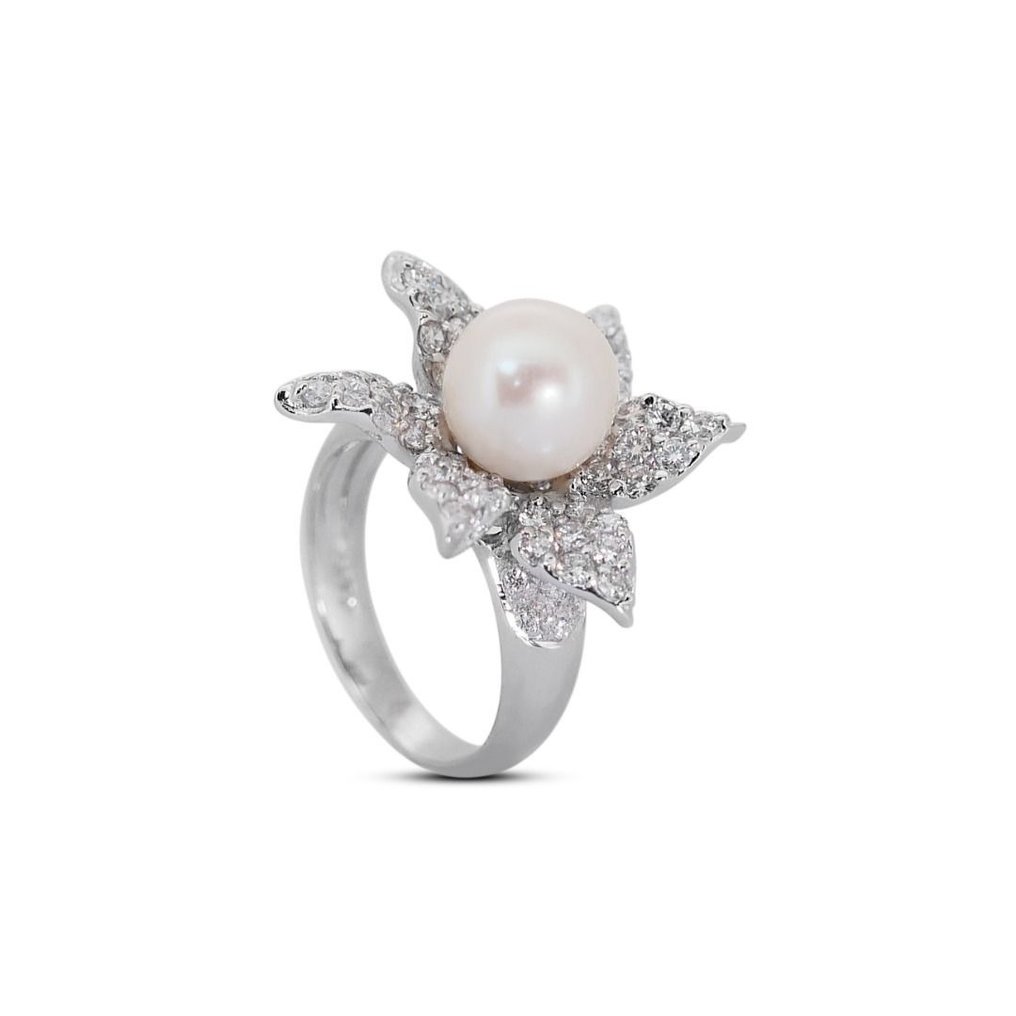 Ring - 18 kt. White gold -  2.22ct. tw. Pearl - Diamond #1.2
