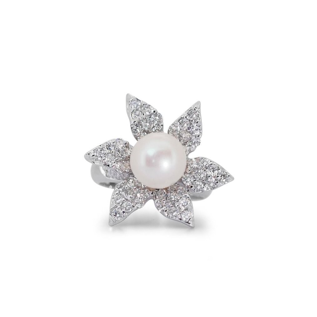 Ring - 18 kt. White gold -  2.22ct. tw. Pearl - Diamond #1.1