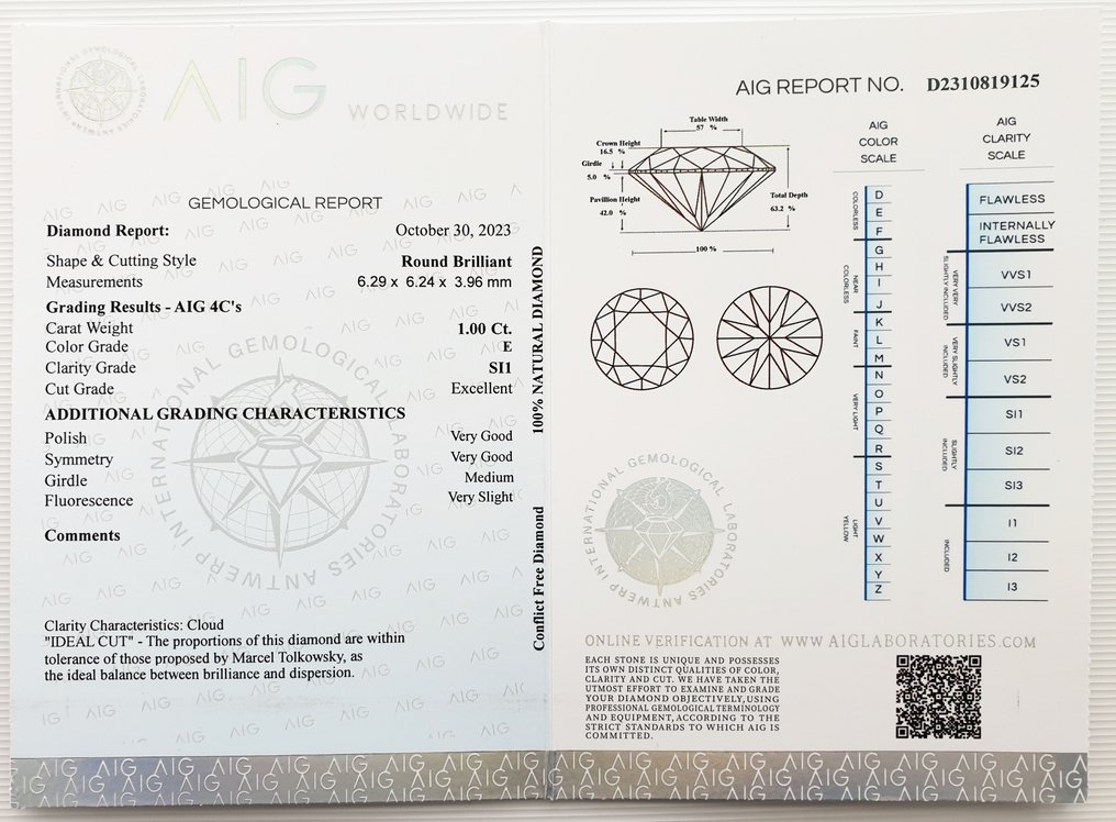 1 pcs Diamant  (Naturlig)  - 1.00 ct - Rund - E - SI1 - Antwerp International Gemological Laboratories (AIG Israel) #2.1
