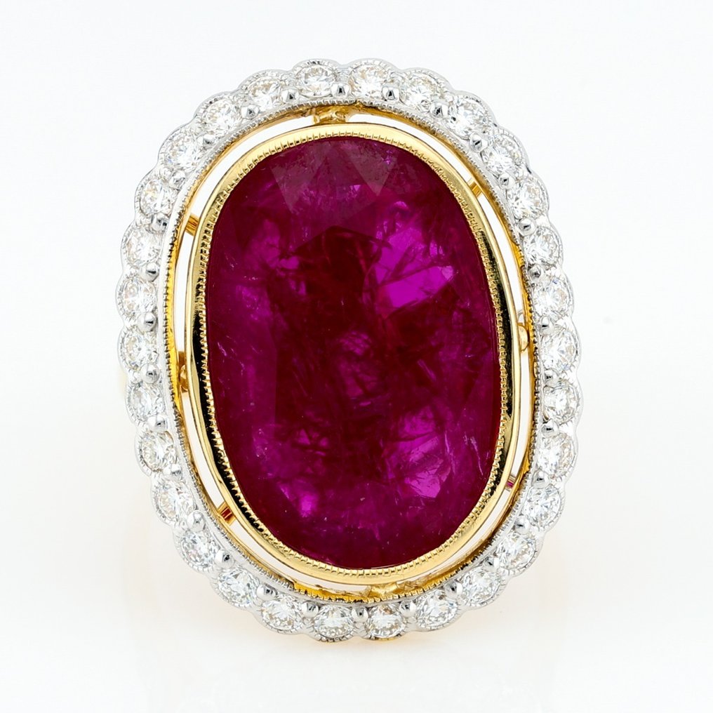 GRS - "No Heat" Mozambique Ruby 7.57 & Diamond Combo - Ring - 18 kt Gelbgold, Weißgold #1.1
