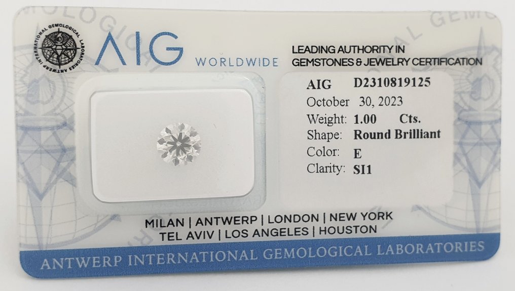1 pcs Diamant  (Naturlig)  - 1.00 ct - Rund - E - SI1 - Antwerp International Gemological Laboratories (AIG Israel) #3.2