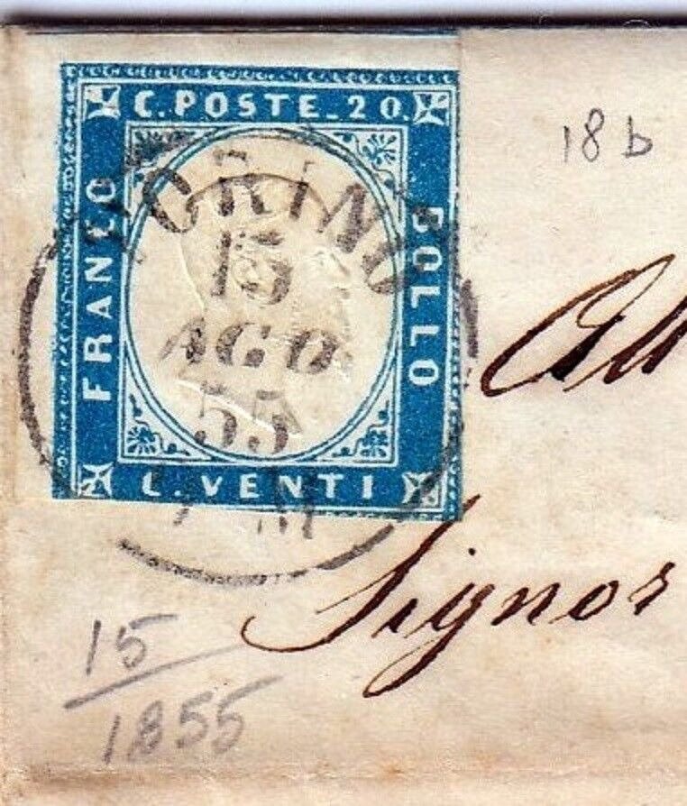 Italienische antike Staaten - Sardinien - Brief vom 15.08.1855 von Torino an Carignano, ausgestellt mit 20 Cent. di Sardinien #2.1