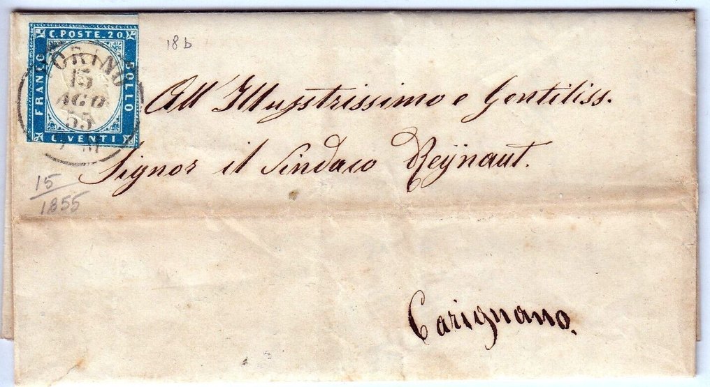 Italienische antike Staaten - Sardinien - Brief vom 15.08.1855 von Torino an Carignano, ausgestellt mit 20 Cent. di Sardinien #1.1
