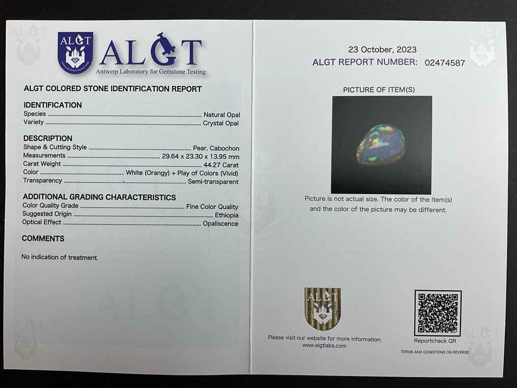Οπάλιο - 44.27 ct - Antwerp Laboratory for Gemstone Testing (ALGT) - Μεγάλο μέγεθος Υπέροχο #4.3