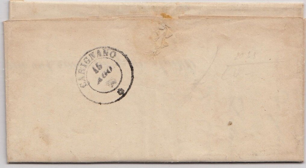 Italienische antike Staaten - Sardinien - Brief vom 15.08.1855 von Torino an Carignano, ausgestellt mit 20 Cent. di Sardinien #3.1
