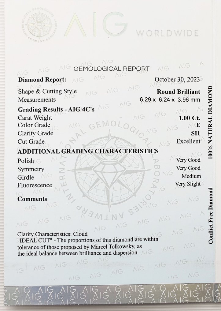 1 pcs Diamant  (Naturlig)  - 1.00 ct - Rund - E - SI1 - Antwerp International Gemological Laboratories (AIG Israel) #3.1