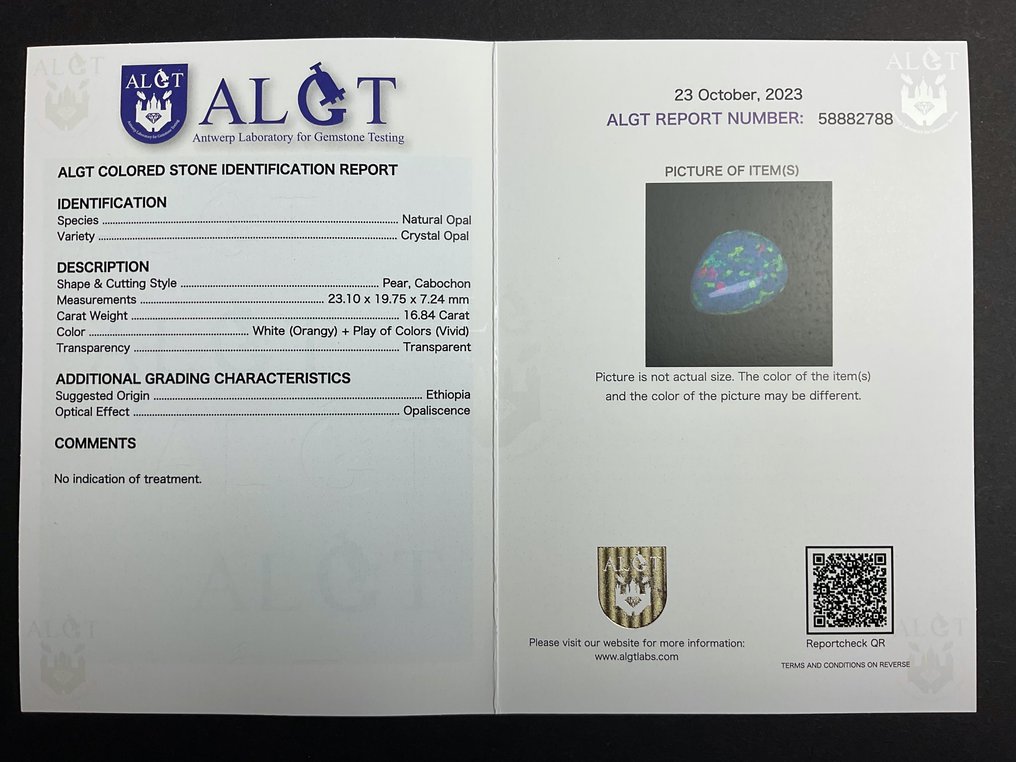 Opaal - 16.84 ct - Antwerp Laboratory for Gemstone Testing (ALGT) #4.3